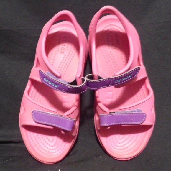 CROCS, pink sandals with purple Velcro straps, size 12, GUC